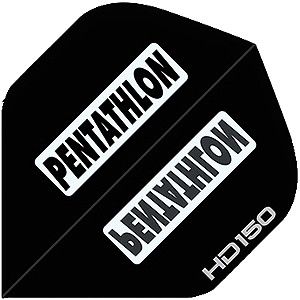 Das Bild zeigt einen schwarzen Dartflight mit der Aufschrift "PENTATHLON". In der Ecke steht zusätzlich "HD150" in weißen Buchstaben.